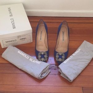 Manolo Blahnik Hangisis Blue Satin Shoes